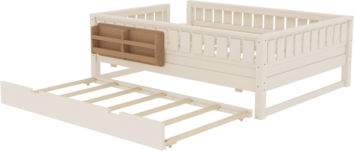 Bellemave Full Bed with Trundle and Stairs, Full Size Platform Bed Frame with Fence and Bookshelf, Easy Assemble Beds for Kids, Girls, Boys, Beige