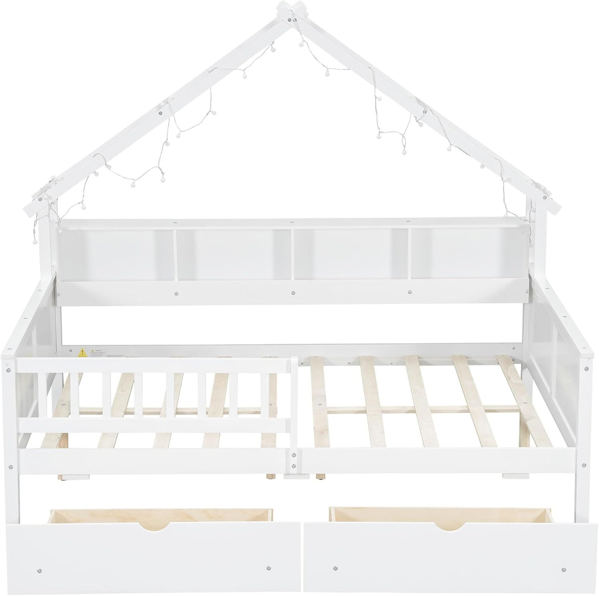 Bellemave Full Size Kids House Bed with Storage Drawers and Led Lights, Solid Wood House Frame Kids Bed with Bookshelf and Roof for Boys,Girls,White
