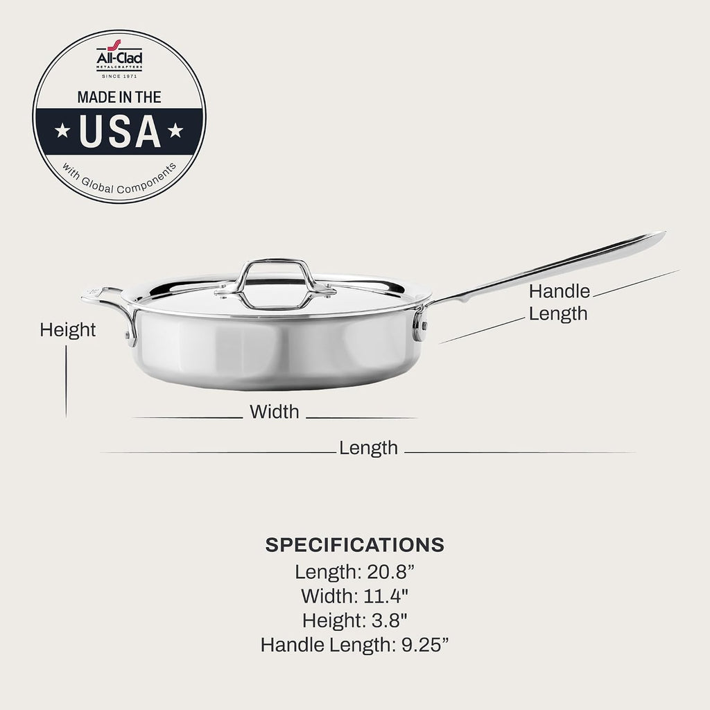 All-Clad D3® Stainless Steel 3 Quart Saute Pan Covered- Made in the USA- The Original Bonded Professional Cookware- Oven Safe & Induction Compatible
