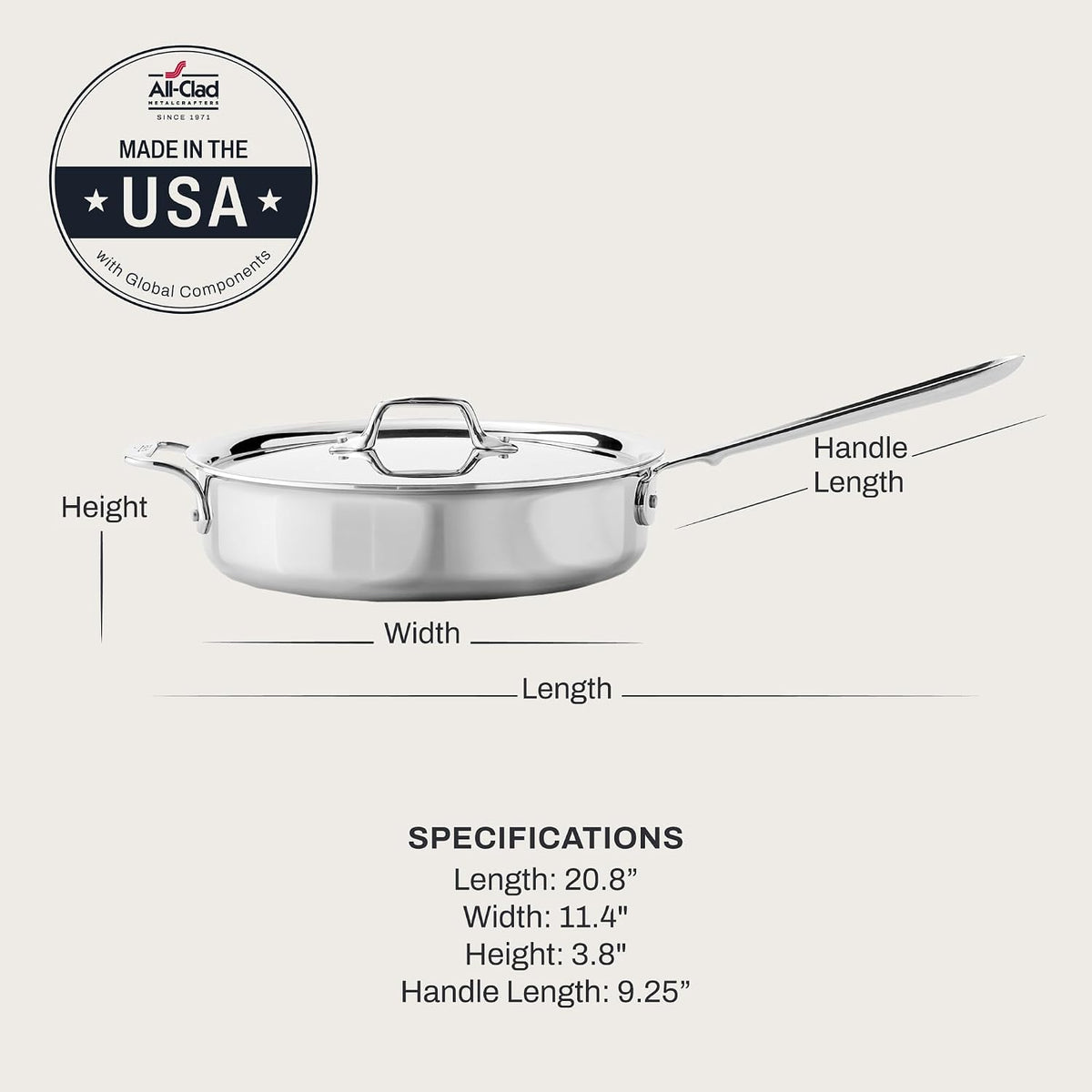 All-Clad D3® Stainless Steel 3 Quart Saute Pan Covered- Made in the USA- The Original Bonded Professional Cookware- Oven Safe & Induction Compatible