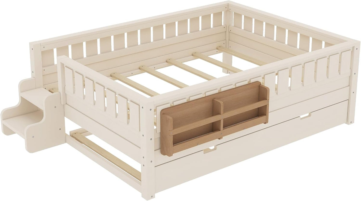 Bellemave Full Bed with Trundle and Stairs, Full Size Platform Bed Frame with Fence and Bookshelf, Easy Assemble Beds for Kids, Girls, Boys, Beige