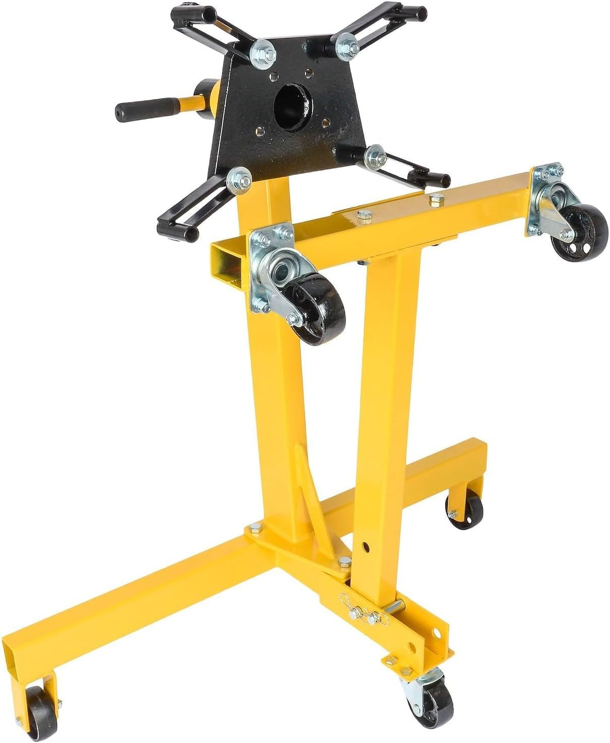 JEGS Folding Engine Stand | Yellow Finish | 1250 LBS Capacity | 360 Degree Adjustable Mounting Head | 5 Ball-Bearing Swivel Caster Wheels | Heavy-Duty Square Steel Frame