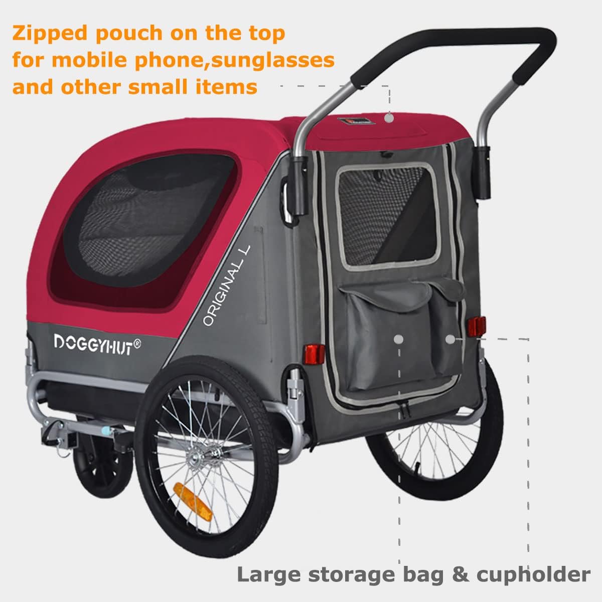 Doggyhut Original Large Pet Bike Trailer & Stroller 2-in-1,for Dogs up to 78 lbs,Parking Brakes,Easy Folding Cart Frame, Quick Release Wheel, Universal Bicycle Coupler (Red)