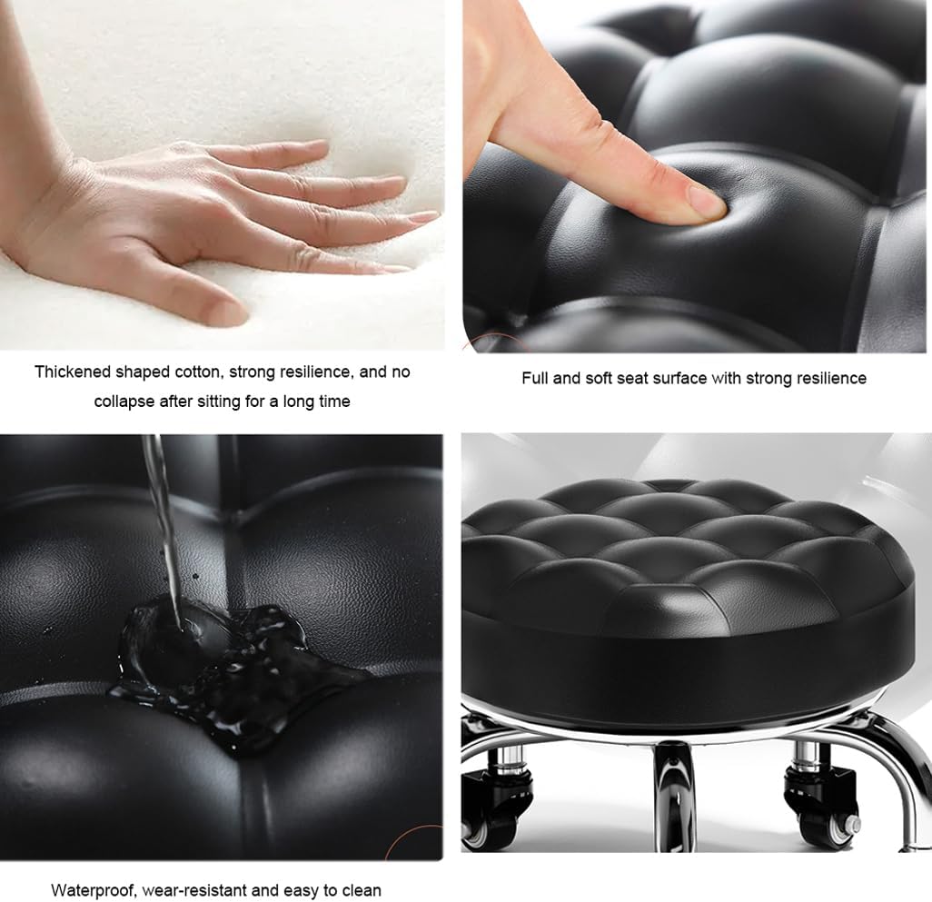 Heavy-Duty Low Roller Stool with 360° Swivel Wheels, Ottoman Footstool, Low-Height Short Rolling Stool Seat, PU Leather Small Mechanic Chair, Rolling Stools for Garage, Shop, Library Black