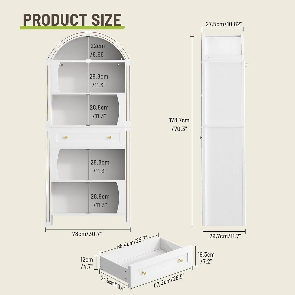 Set of 2 Tall Arched Bookshelf, 6-Tier Book Shelf with LED Lights, 70.3' Farmhouse Bookcase with Open Shelves and Drawer, Freestanding Display Rack, for Living Room, Home Office, White