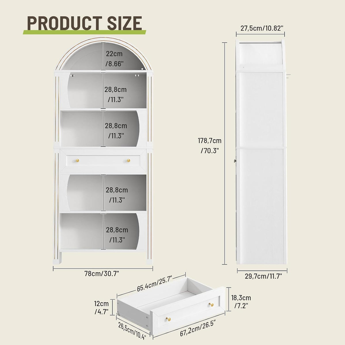 Arched Bookshelf, 70.3' Farmhouse Tall 6-Tier Book Shelf with Drawer, Wooden Bookcase with Open Shelves and LED Lights, Freestanding Display Storage Shelf for Living Room, Home Office, White