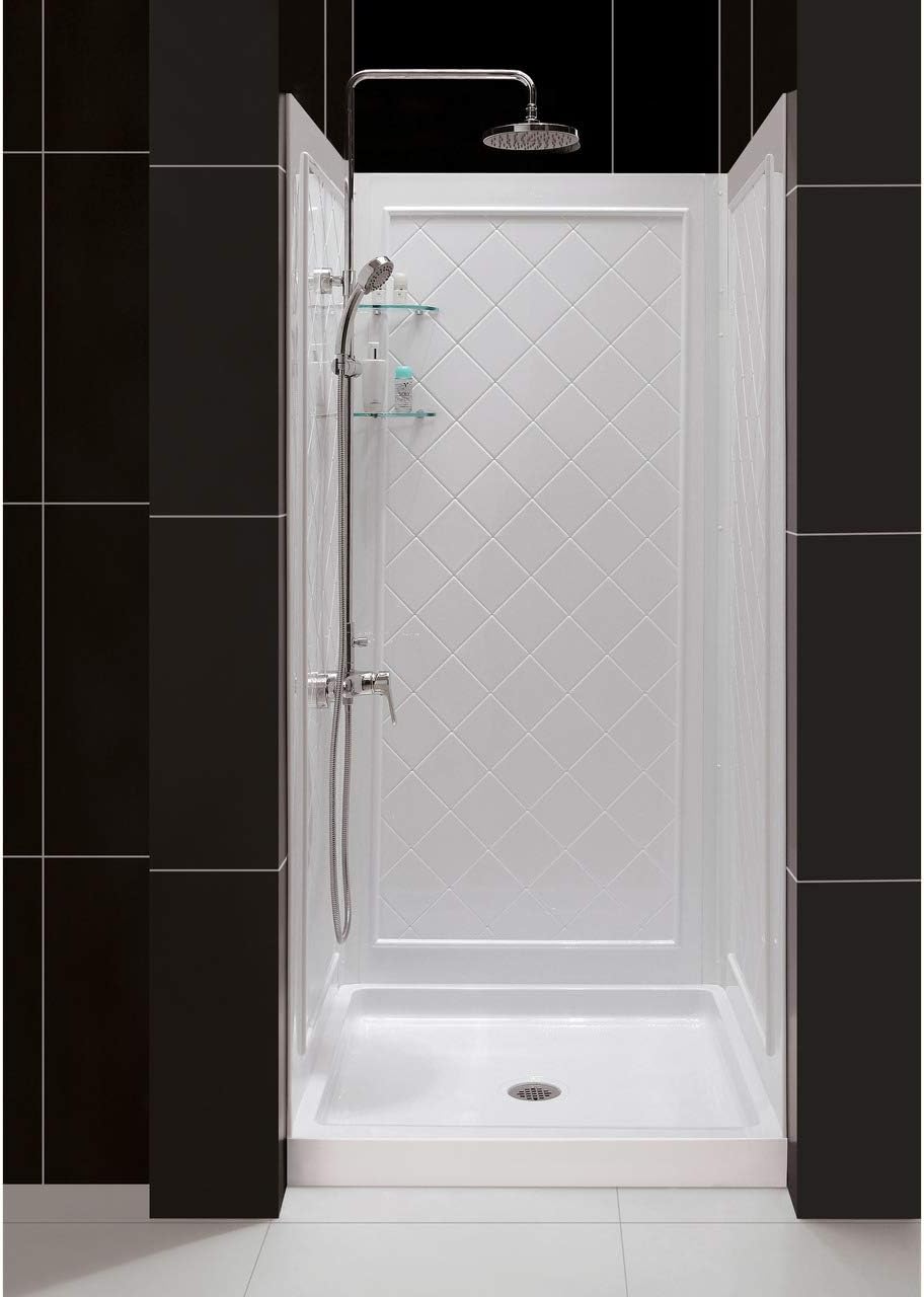 DreamLine 32 in. D x 32 in. W x 76 3/4 in. H Center Drain Acrylic Shower Base and QWALL-5 Backwall Kit In White, DL-6195C-01