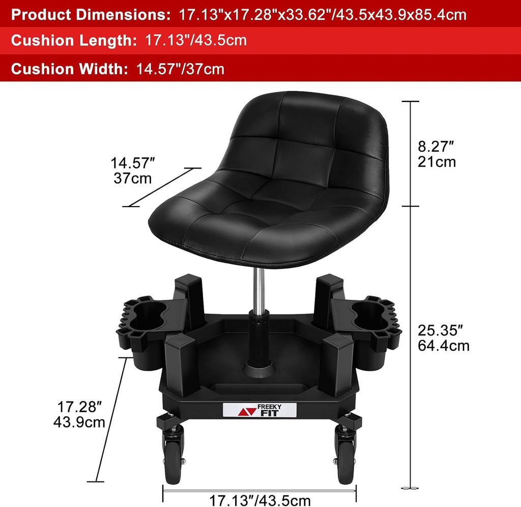 Rolling Stool with Wheels, Adjustable Shop Stool Mechanic Seat, Garage Shop Roller Work Chair, Mobile Rolling Seat with Tool Tray, 2 Cup Holders, 4' Casters, 350 LBS, Heavy-Duty, Black