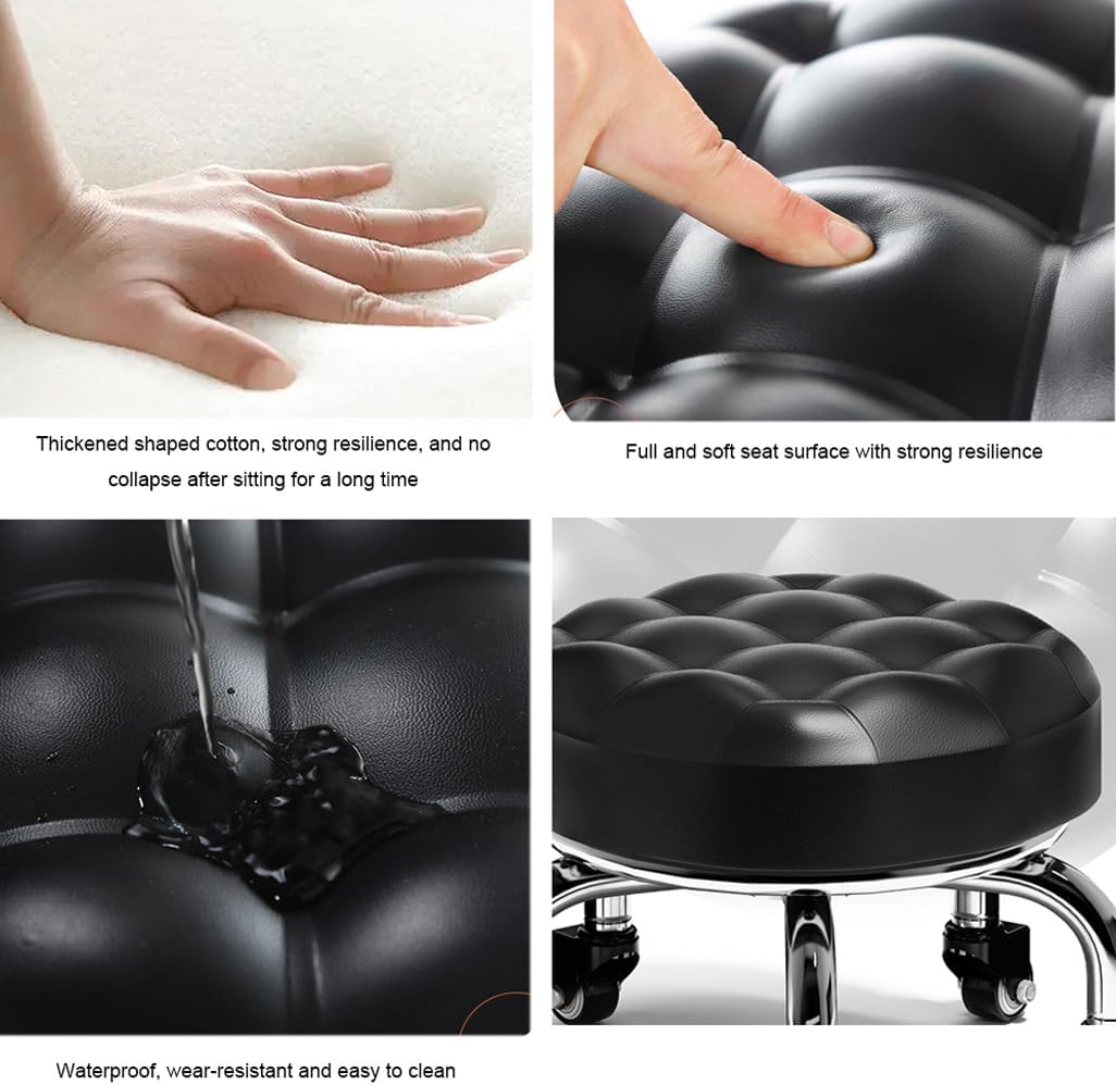 Heavy-Duty Low Roller Stool with 360° Swivel Wheels, Ottoman Footstool, Low-Height Short Rolling Stool Seat, PU Leather Small Mechanic Chair, Rolling Stools for Garage, Shop, Library Black