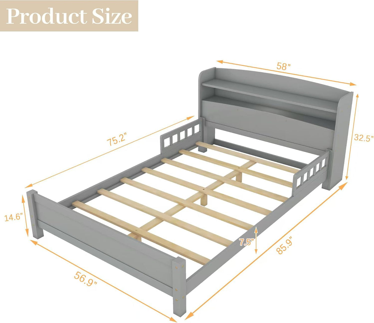 Full Size Kids Bed, Wood Kids Bed with Storage Bookcase & Headboard, Beds Frames with Rails & LED Motion Sensor Light, for Boys and Girls, Grey