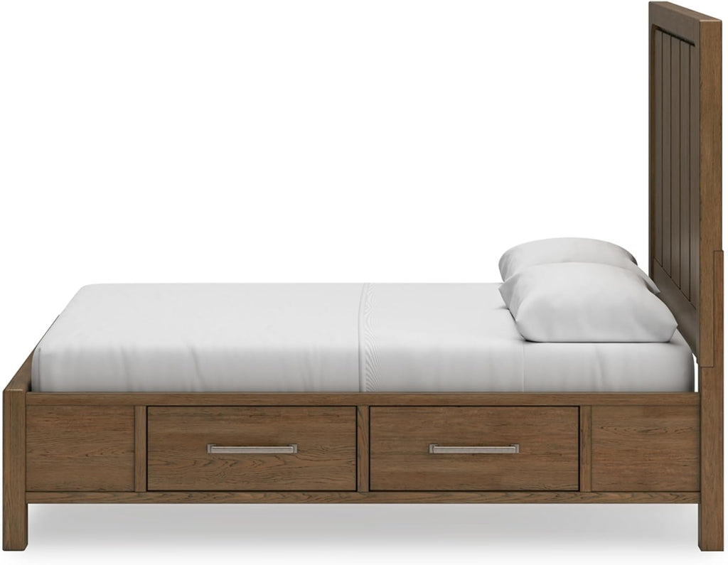 Signature Design by Ashley Cabalynn Modern 4-Drawer Queen Platform Bed with Storage, Foundation or Box Spring Not Needed, Light Brown