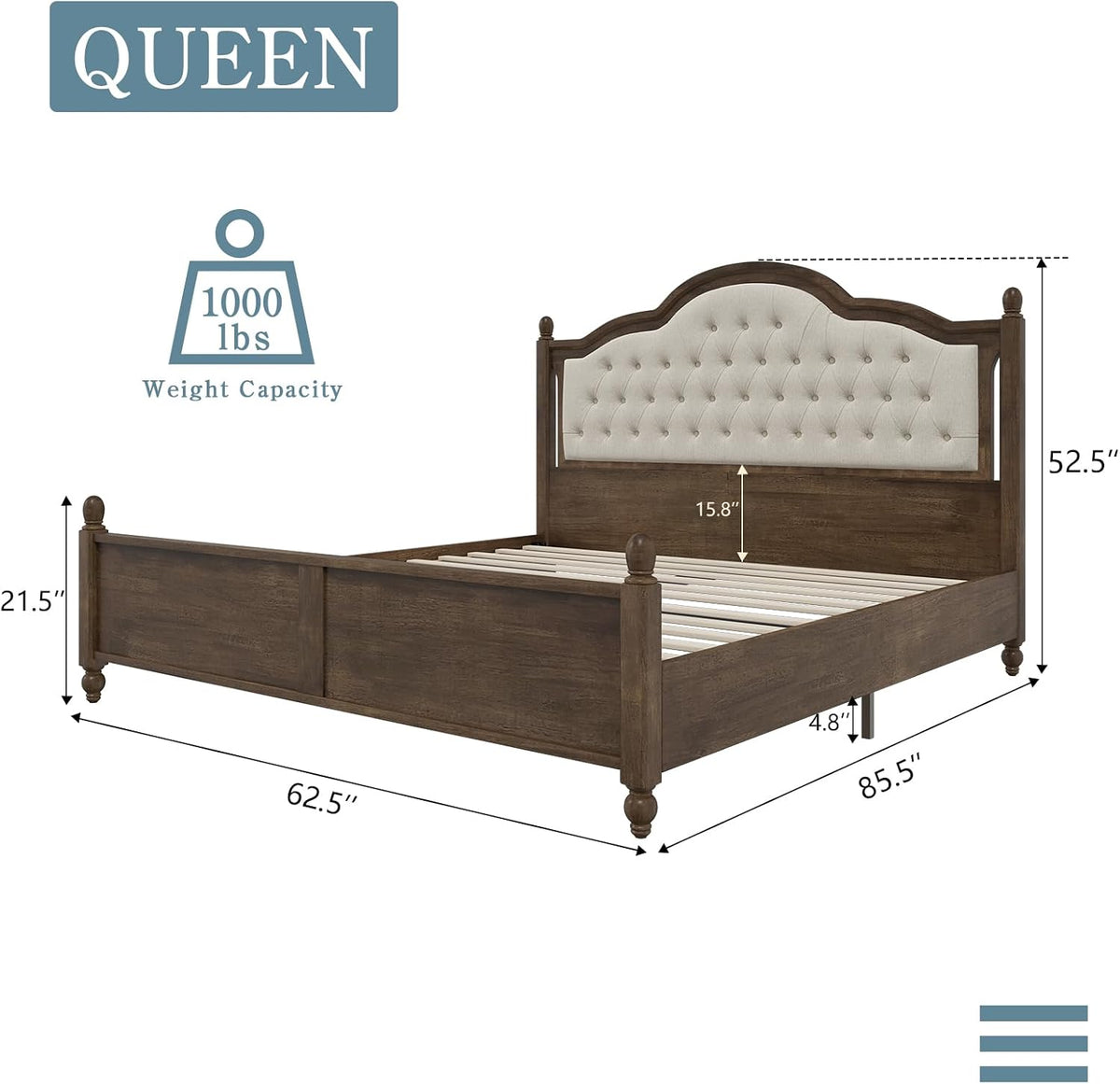 LUXOAK Solid Wood Bed Frame with Linen Upholstered Headboard, Queen Size Wood Platform Bed with Wood Slats, No Box Spring Needed, Easy Assembly, Walnut