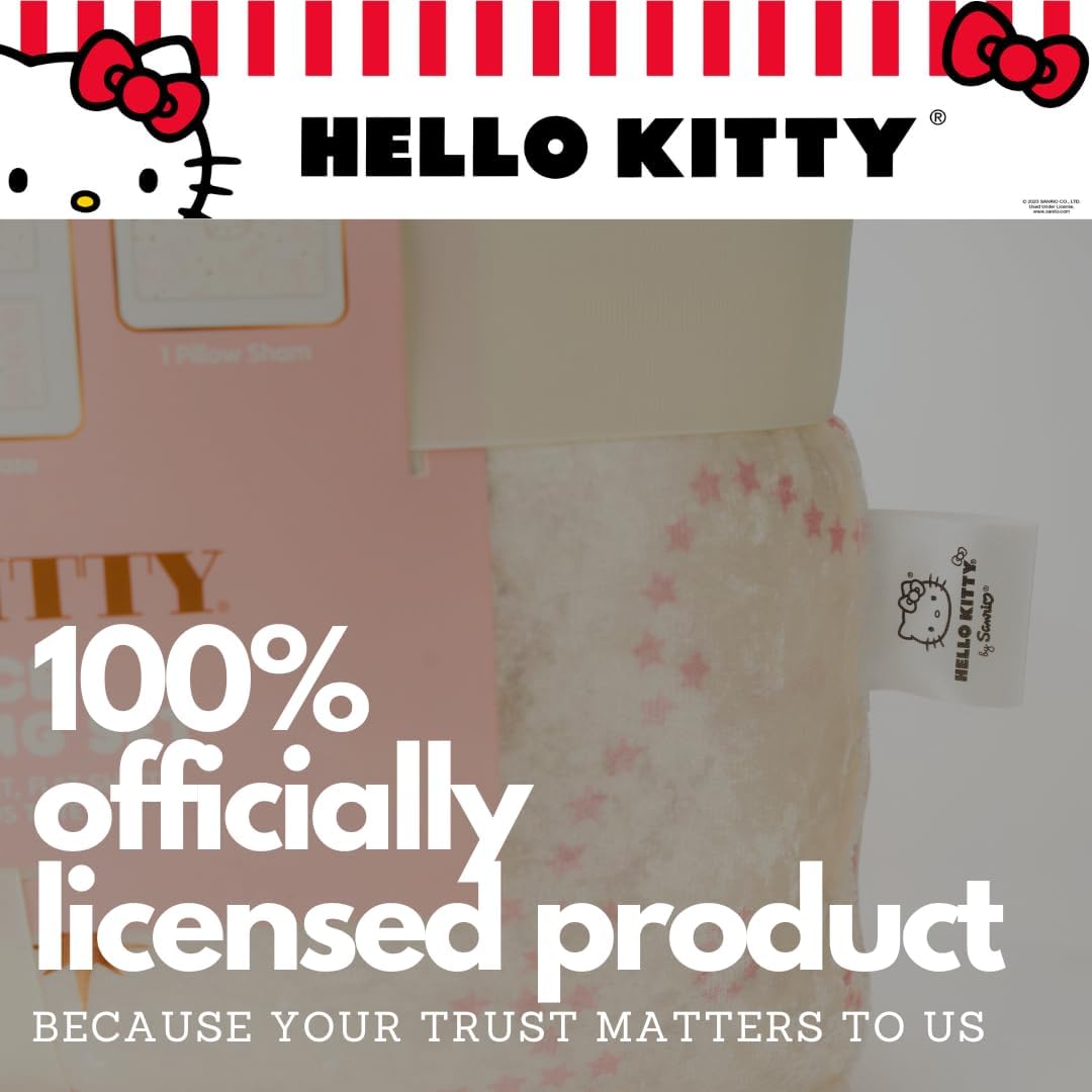 Lux Hello Kitty Velvet Bedding 5 Piece Super Soft Cozy Reversible Comforter and Sheet Set with Sham & Tote Bag, Twin, (Officially Licensed Product) By Franco