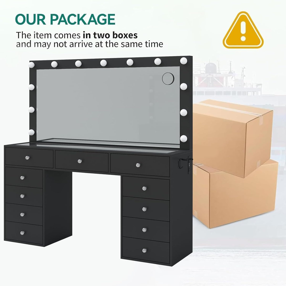 Yanosaku 11 Drawers Makeup Vanity with Charging Station, Vanity Desk with 13 LED Bulbs and HD Mirror, 3 Color Brightness Adjustable, Glass Top Vanity Set for Bedroom, Black