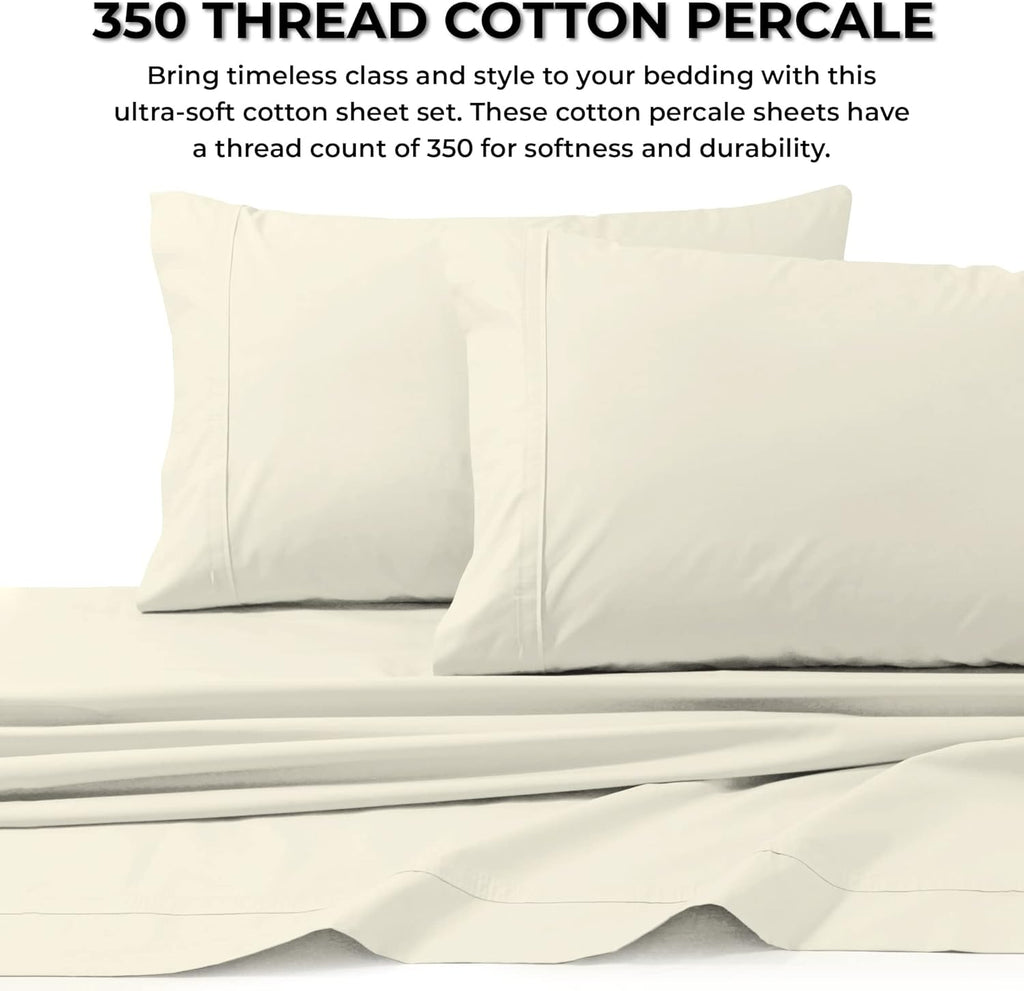 Tribeca Living Queen Bed Sheet Set, Crisp and Smooth Egyptian Cotton Percale Solid Sheets and Pillowcase Set, Extra Deep Pocket, 350 Thread Count, 4-Piece Luxury Bedding, Ivory