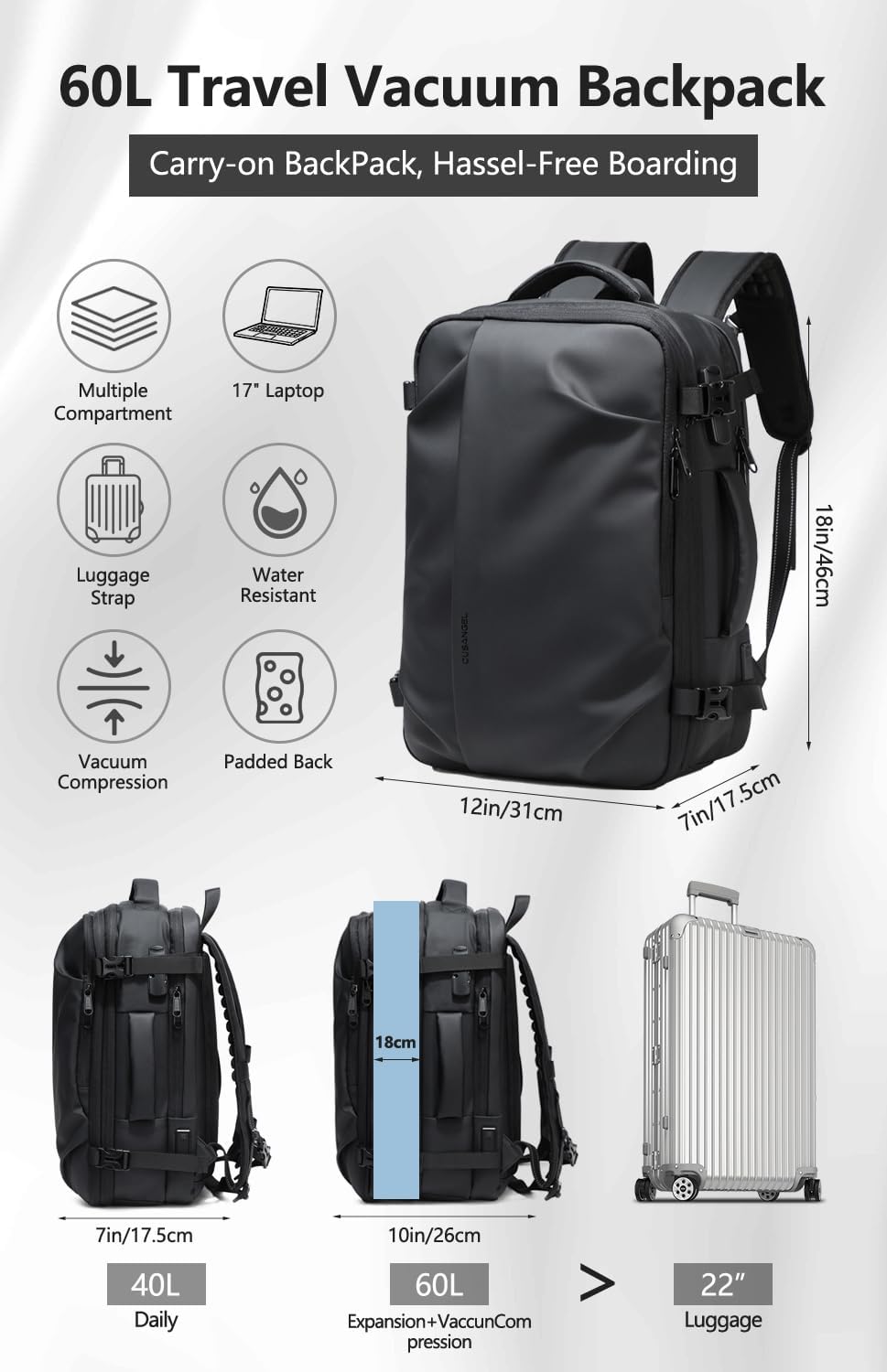 Cusangel vacuum backpack travel with pump compression,18in vac travel 45L expandable 60L capacity laptop,multiple pockets Flight Carry-On XL (Casual Vac-backpack)