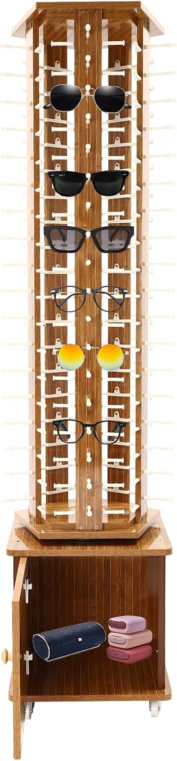 Sunglasses Storage Display Stand with Wheels Glasses Rack Organizer 5-Sided Eyewear Display Rack with Storage Cabinet for Home Retail Stores Shopping Malls, 66.14' (Dark Brown)