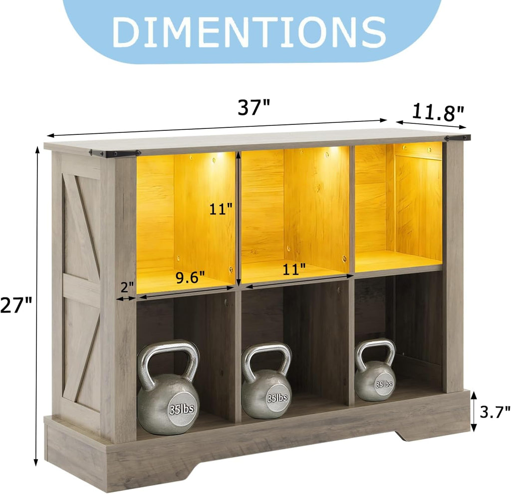 6 Cube Storage Organizer, Wood Cube Bookshelf with LED Lights, Horizontal Storage Cubes, Kids Bookshelf, Display Cabinet Cubby Shelf for Living Room Home Office Bedroom, Grey