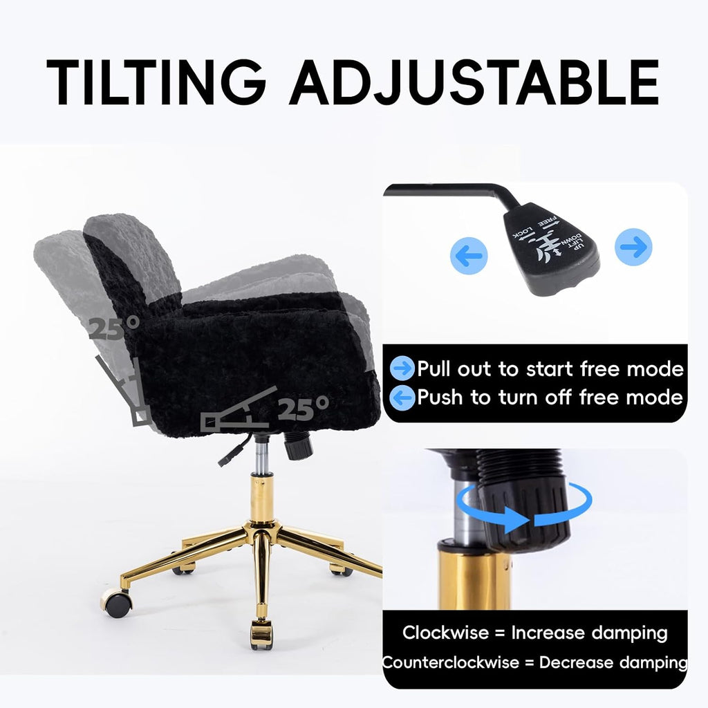 Plush Faux Fur Desk & Vanity Chair with Gold Base – Comfy Adjustable Girls Desk Chair, Makeup Chair, 360° Swivel, Tilt Backrest, Rolling Wheels – Modern Chic Home Office Seating,Black