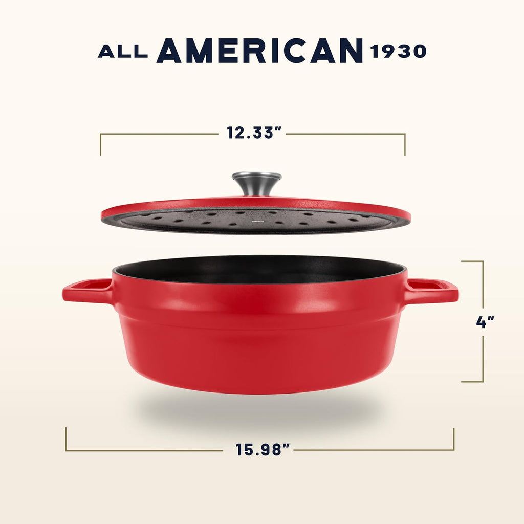 All American 1930 - Dutch Oven - The Saucier Set, Tomato Red - 5.5qt Capacity - Perfect for Sauces, Soups & Simmering - Non Stick & PFAS Free - Made in the USA