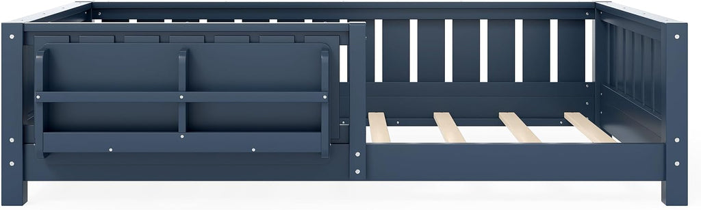 Bellemave Twin Floor Bed with Rails and Slats, Twin Size Montessori Floor Bed with Bookshelf and Fence, Easy Assemble Montessori Beds Frame for Girls, Boys, Blue