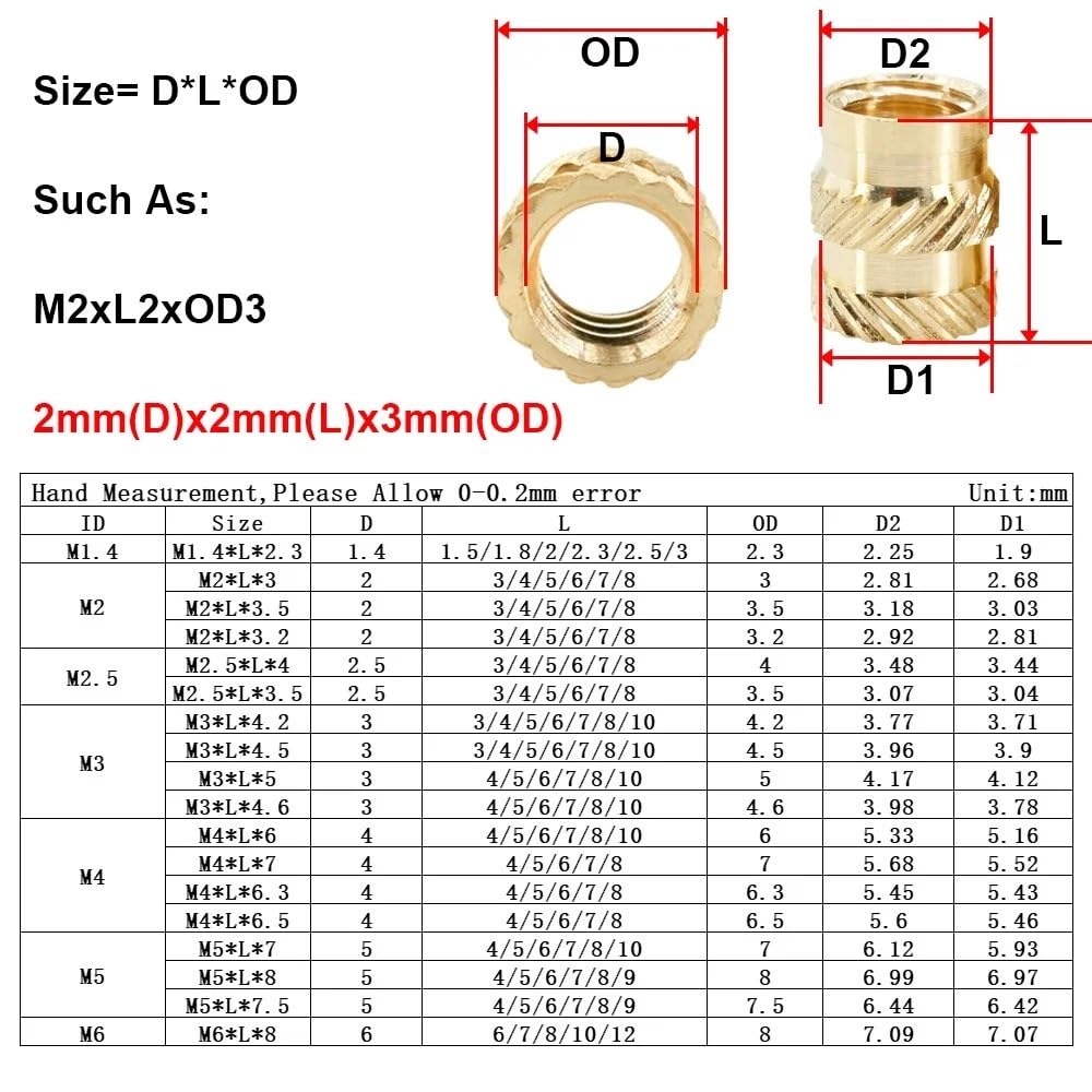 500pcs Brass Heat Insert Nuts for 3D Printers - M1.6/M2/M2.5/M3/M4/M5/M6/M8/M10 Threaded Inserts(8mmxM8x10mm)