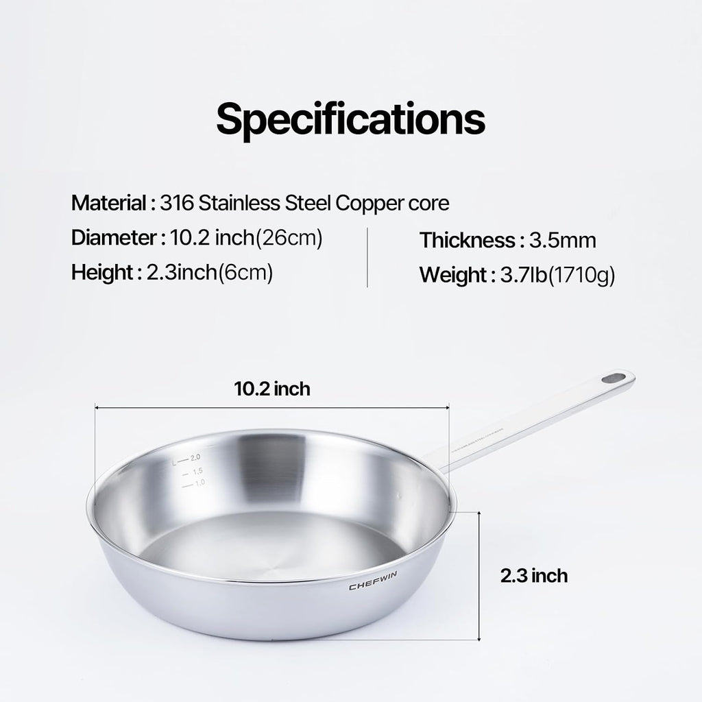 10.2 Inch Skillet Frying Pan 316 Stainless Steel Copper core 5-Ply Induction compatible Dishwasher & Oven Safe
