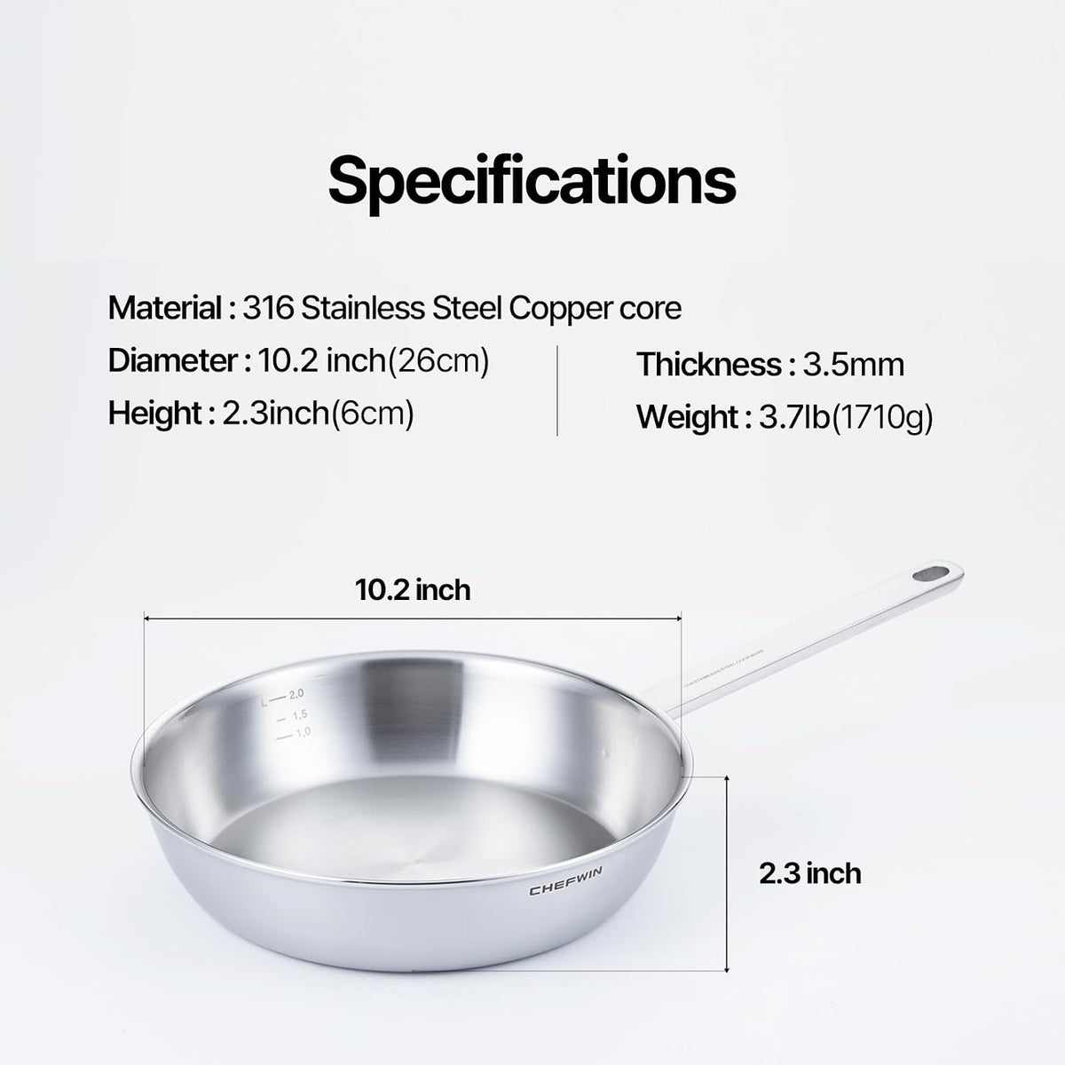 10.2 Inch Skillet Frying Pan 316 Stainless Steel Copper core 5-Ply Induction compatible Dishwasher & Oven Safe