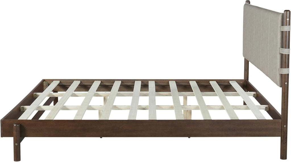 King Bedroom Set, King Size Platform Bed Frame with 2 Bedside Tables and Headboard Included, Mid Century Modern Wood Bed Frames, Slat Support (Light Gray + Walnut, King)