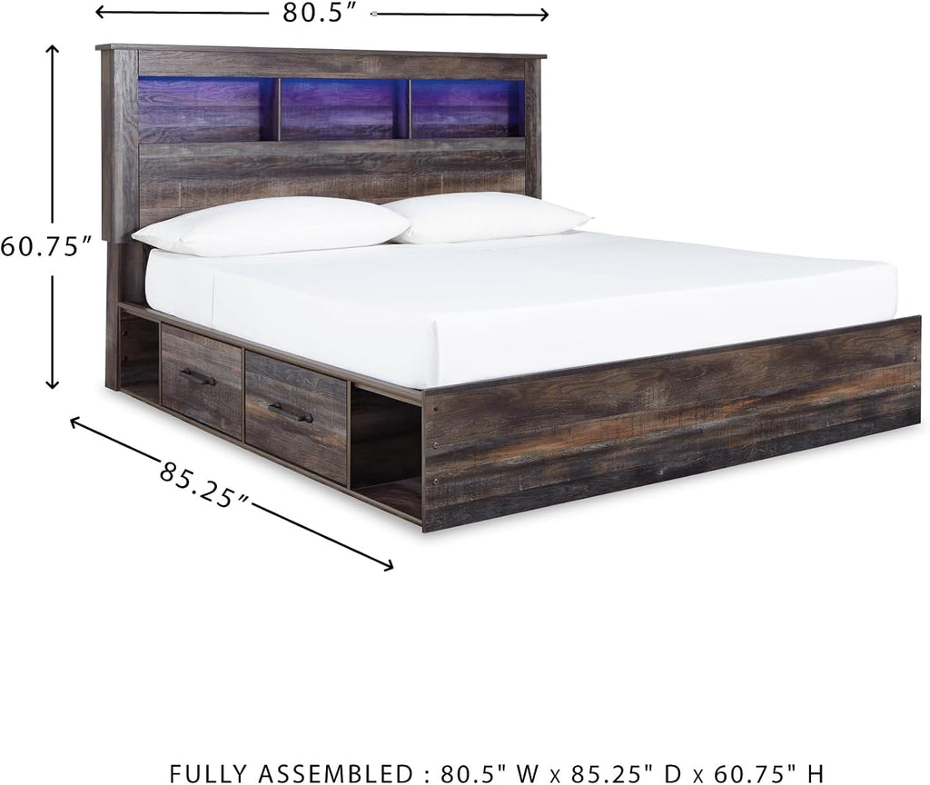 Signature Design by Ashley Drystan Rustic King Bookcase Bed with 4 Storage Drawers, Open Cubbies and LED Light, Foundation or Box Spring Not Needed, Dark Brown & Gray