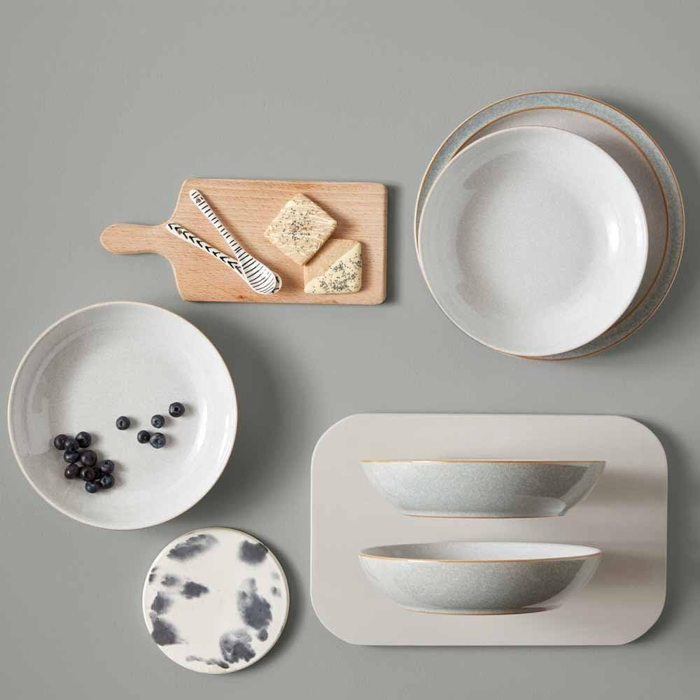 Denby - Elements Light Grey Pasta Bowls Set of 4 - Dishwasher Microwave Safe Crockery 1050ml 22cm - Pale Grey, White Ceramic Stoneware Tableware - Chip & Crack Resistant