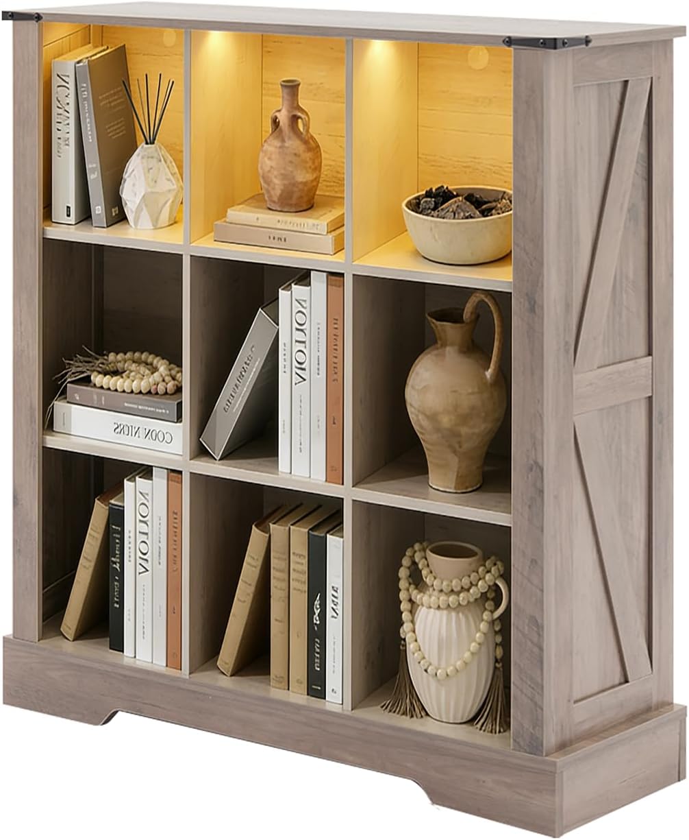 9 Cube Storage Organizer, Wood Cube Bookshelf with LED Lights, Horizontal Storage Cubes, Kids Bookshelf, Display Cabinet Cubby Shelf for Living Room Home Office Bedroom，Grey