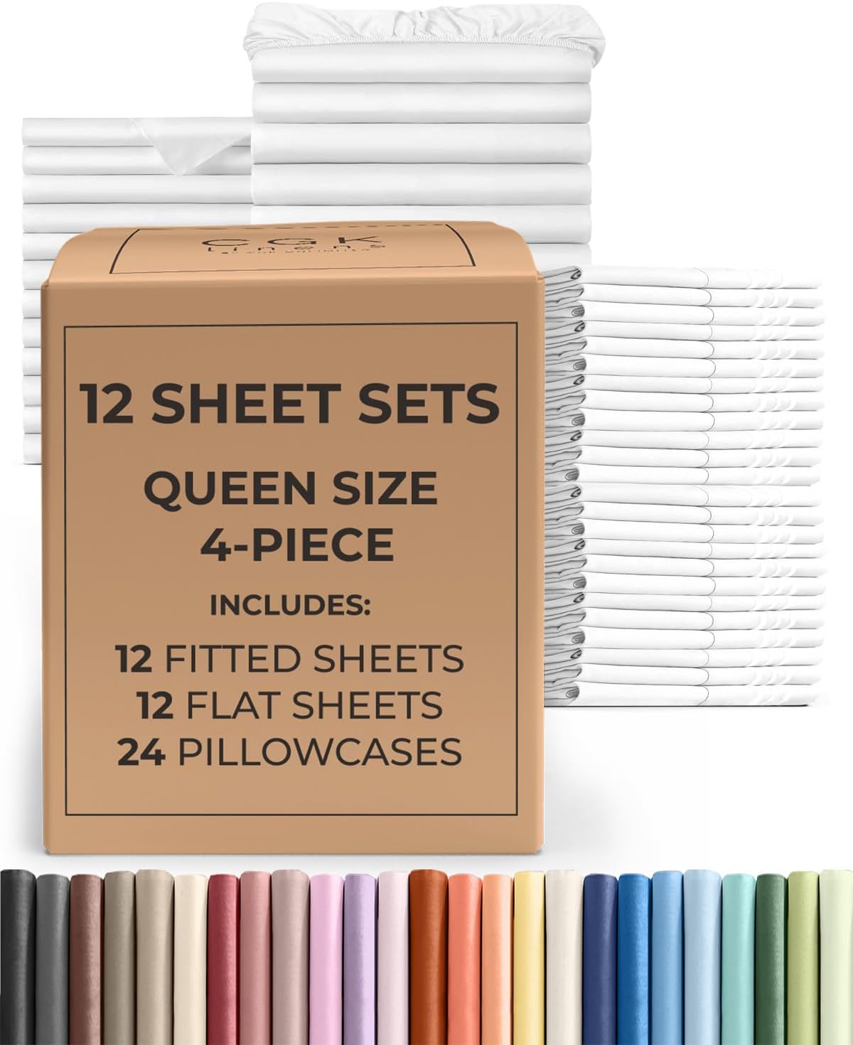 Bulk Case Pack of 12 Sheet Sets - (12) Complete Queen Size Sheet Sets with Deep Pockets - Wholesale Bulk Bedding for Hotels, Spas & Airbnbs - Breathable, Cooling, Soft & Wrinkle Free - (Queen, White)