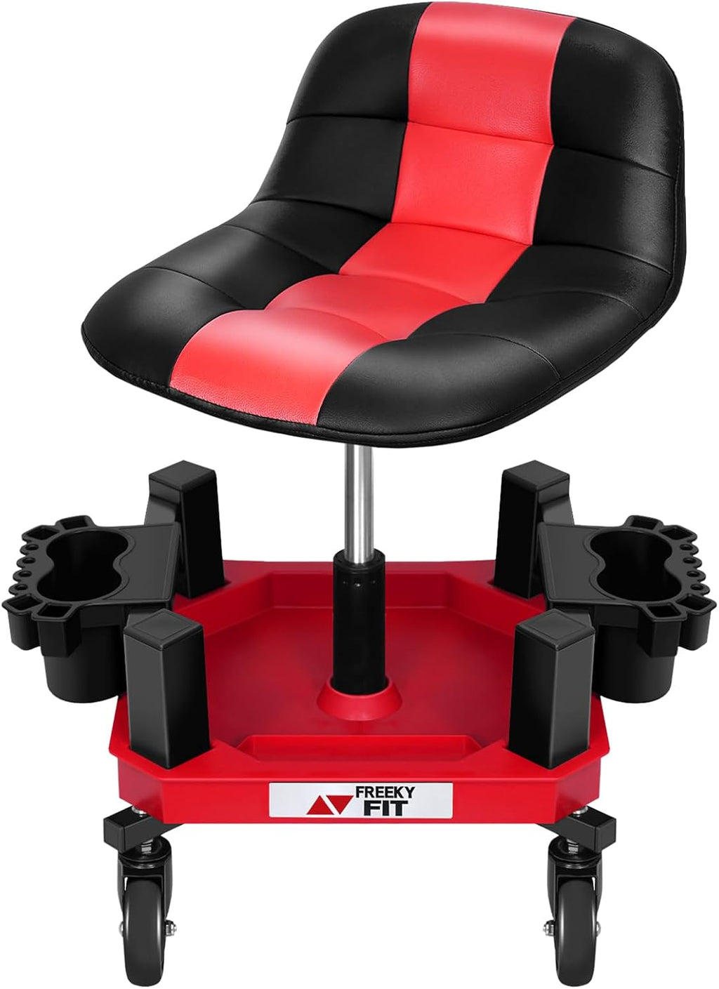Rolling Shop Stool with Wheels, Adjustable Garage Mechanic Stool Seat Shop Roller Work Chair Mobile Rolling Seat with Tool Tray, 2 Cup Holders, 4' Casters, 350 LBS, Heavy-Duty, Red