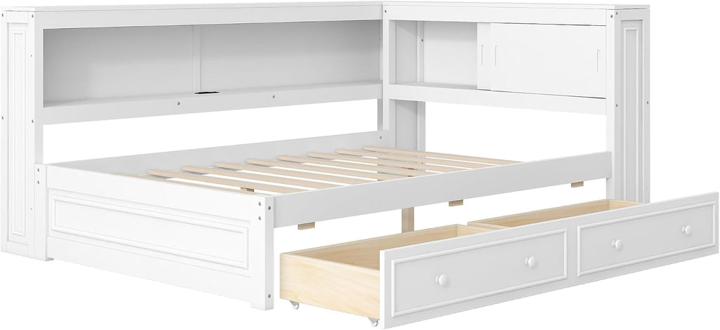 SOFTSEA Full Size Corner Bed with Drawers & Bookcase, L-Shaped Daybed with LED Lights & USB Ports, Wood Reversible Day Bed Frame with Storage Headboard for Kids Teens Bedroom, White
