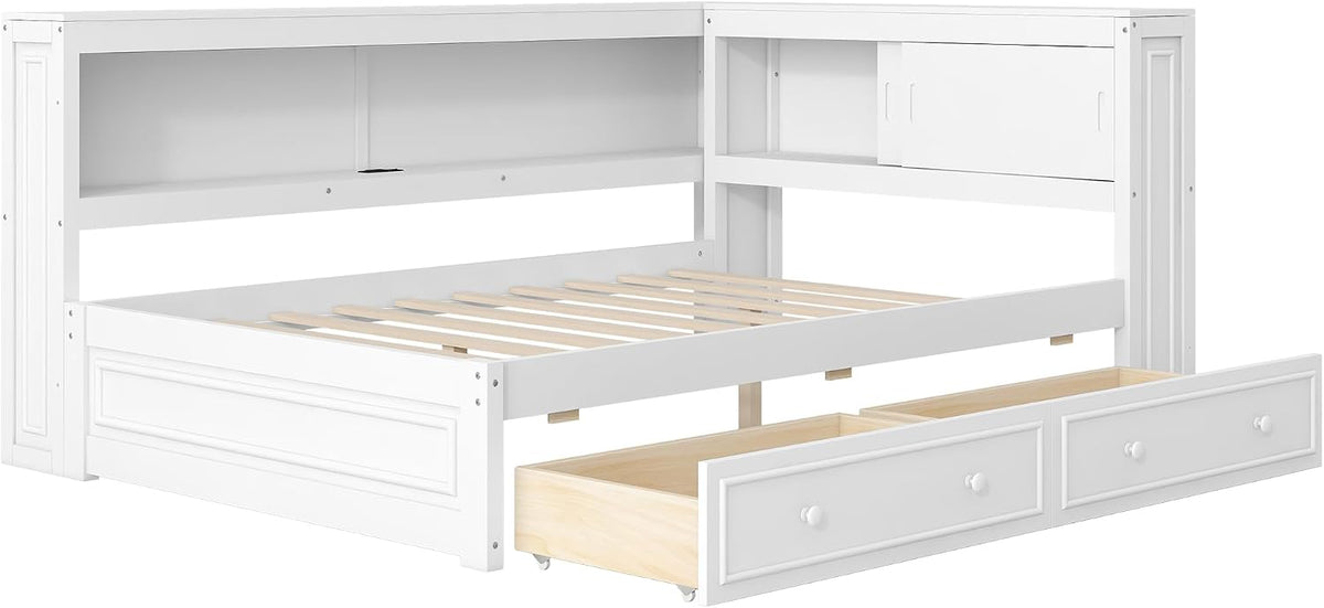SOFTSEA Full Size Corner Bed with Drawers & Bookcase, L-Shaped Daybed with LED Lights & USB Ports, Wood Reversible Day Bed Frame with Storage Headboard for Kids Teens Bedroom, White