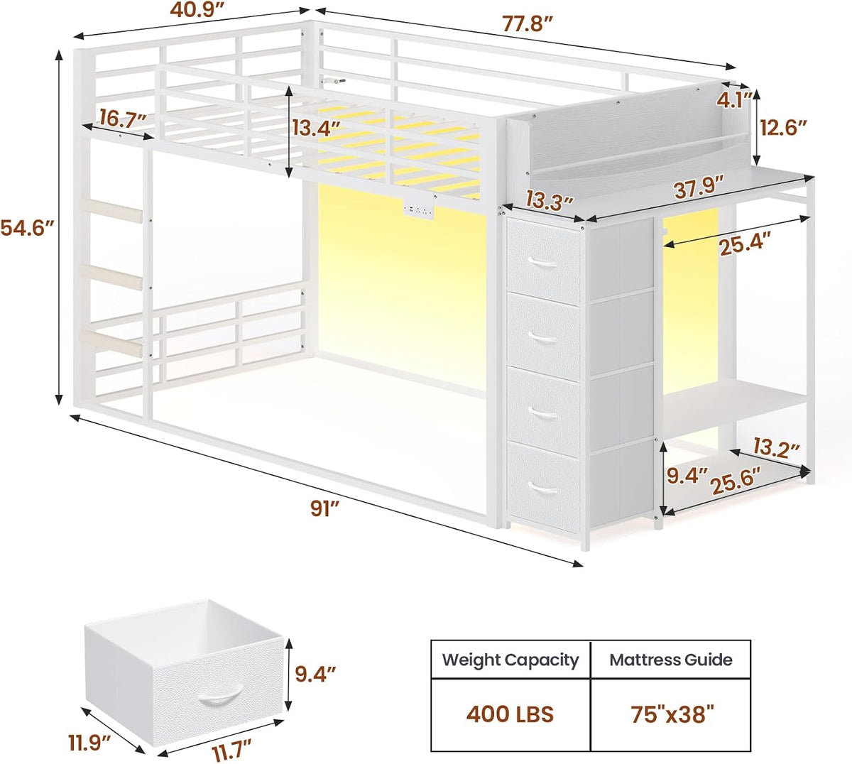 ADORNEVE Low Bunk Bed Twin Over Twin with Bookshelf, 4 Storage Drawers, Metal Kids Bunk Bed with Power Outlet & RGB Lights, Clothing Rack & Shelves, Safety Guardrail & Ladder, White