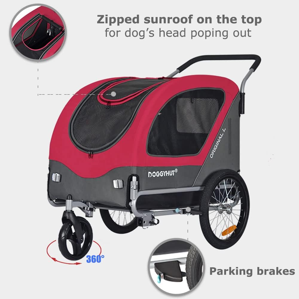 Doggyhut Original Large Pet Bike Trailer & Stroller 2-in-1,for Dogs up to 78 lbs,Parking Brakes,Easy Folding Cart Frame, Quick Release Wheel, Universal Bicycle Coupler (Red)