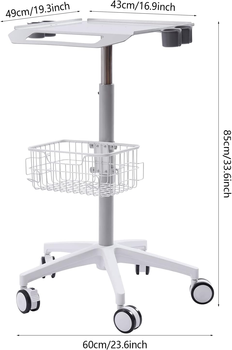 Mobile Trolley Cart Medical Cart, 33.46'-43.71' Height Adjustable Metal Mobile Trolley with 5 Universal Wheels, Large Tabletop Salon Rolling Cart for Lab, SPAs, Beauty Salons(White)