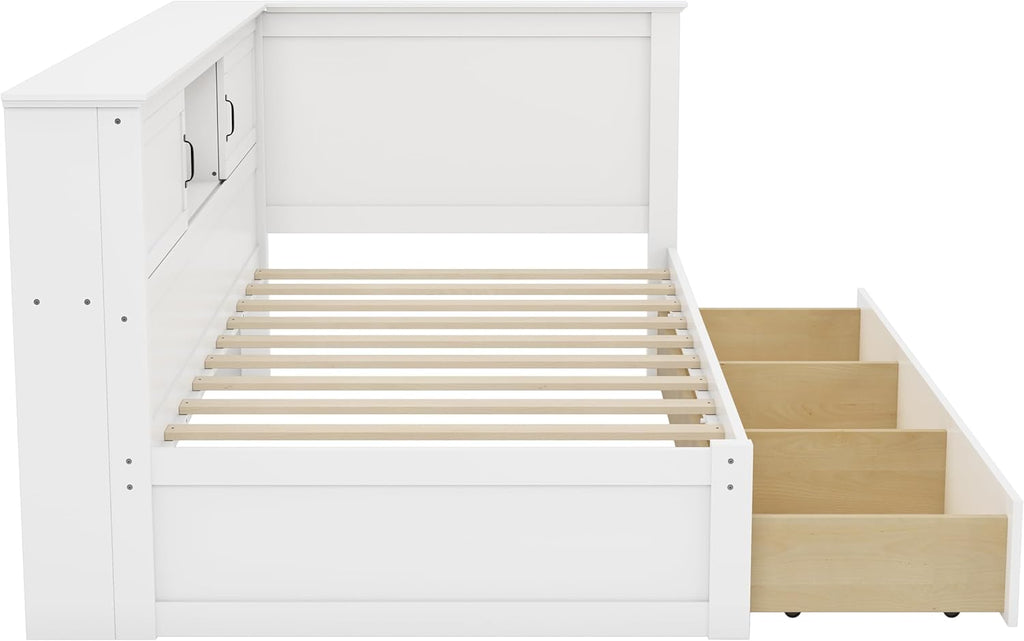 Merax Corner Bed Frame with Storage Bookcase and LED Lights,Twin Platform Bed Frame with Headboard and Charging Station, Twin Daybed with Storage Drawer, Pure White