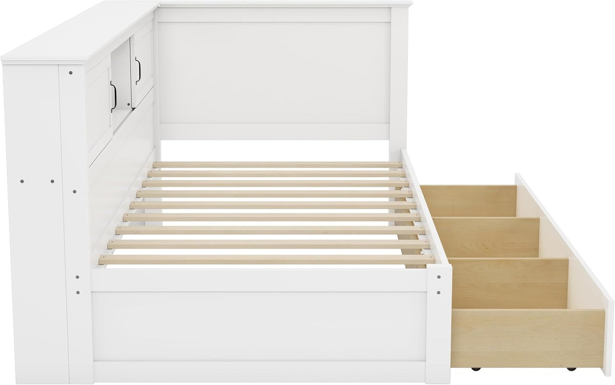 Merax Corner Bed Frame with Storage Bookcase and LED Lights,Twin Platform Bed Frame with Headboard and Charging Station, Twin Daybed with Storage Drawer, Pure White