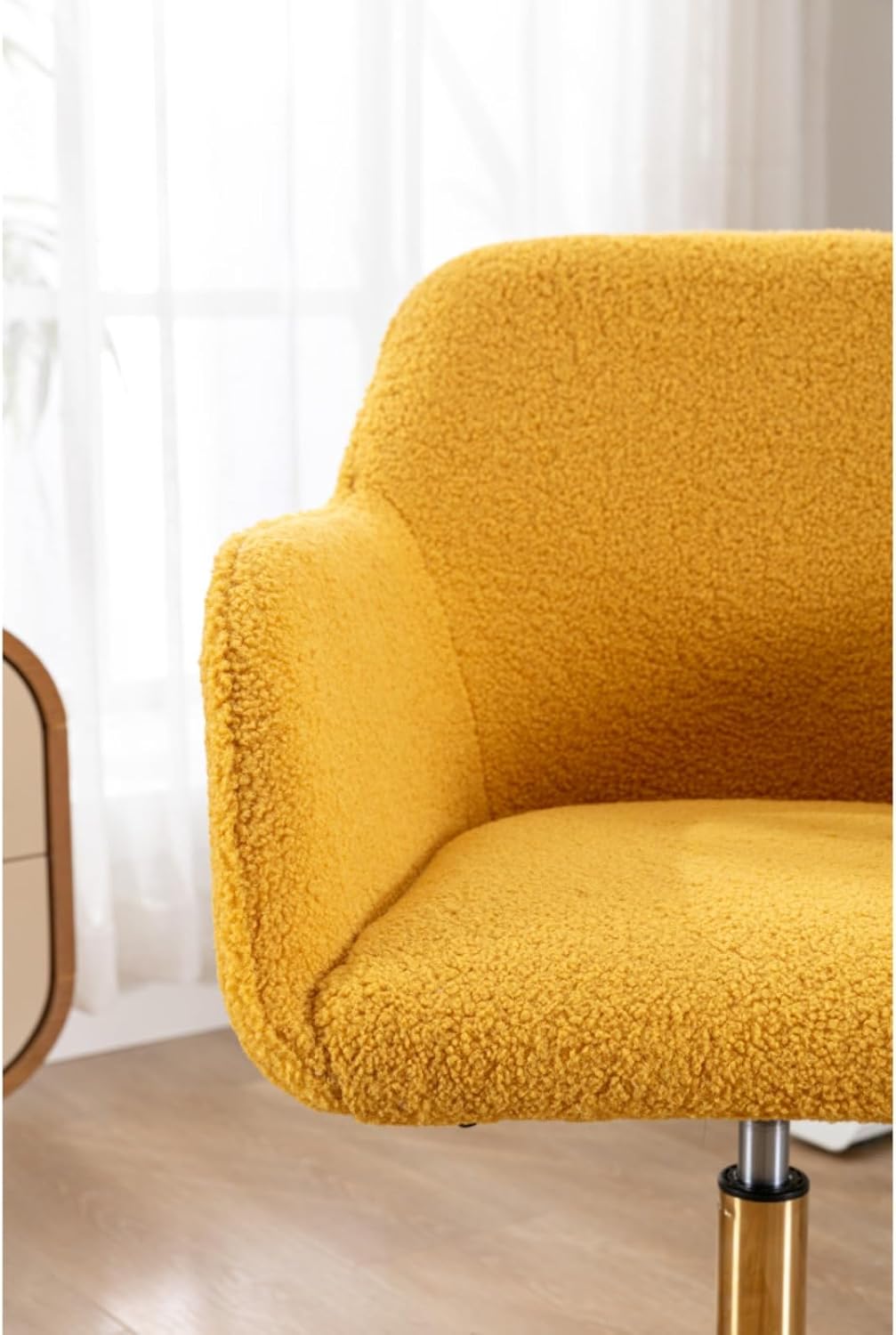 Hassyee Modern Teddy Fabric Material Adjustable Height 360 Revolving Home Office Chair with Gold Metal Legs and Universal Wheel for Indoor (Yellow)