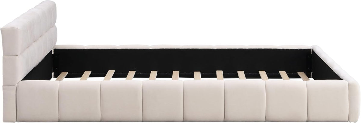 JIJIWANG Elegant Queen Size Upholstered Platform Bed，Boucle Ground Platform Bed with Checkerboard Design Thick Headboard and Footboard, Block Style, Beige