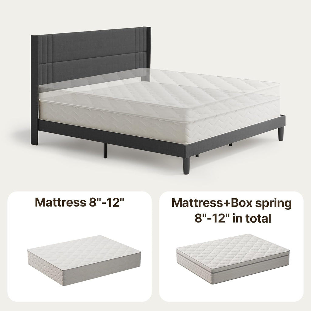 Gizoon King Bed Frame with Wingback Headboard, Upholstered Platform Bed with Modern Geometric Headboard, Wooden Slats, Noise-Free, No Box Spring Needed