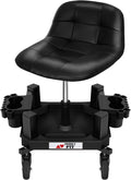 Rolling Stool with Wheels, Adjustable Shop Stool Mechanic Seat, Garage Shop Roller Work Chair, Mobile Rolling Seat with Tool Tray, 2 Cup Holders, 4' Casters, 350 LBS, Heavy-Duty, Black