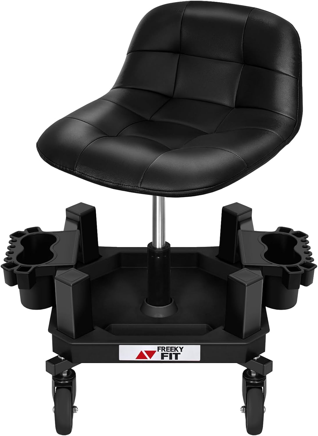 Rolling Stool with Wheels, Adjustable Shop Stool Mechanic Seat, Garage Shop Roller Work Chair, Mobile Rolling Seat with Tool Tray, 2 Cup Holders, 4' Casters, 350 LBS, Heavy-Duty, Black