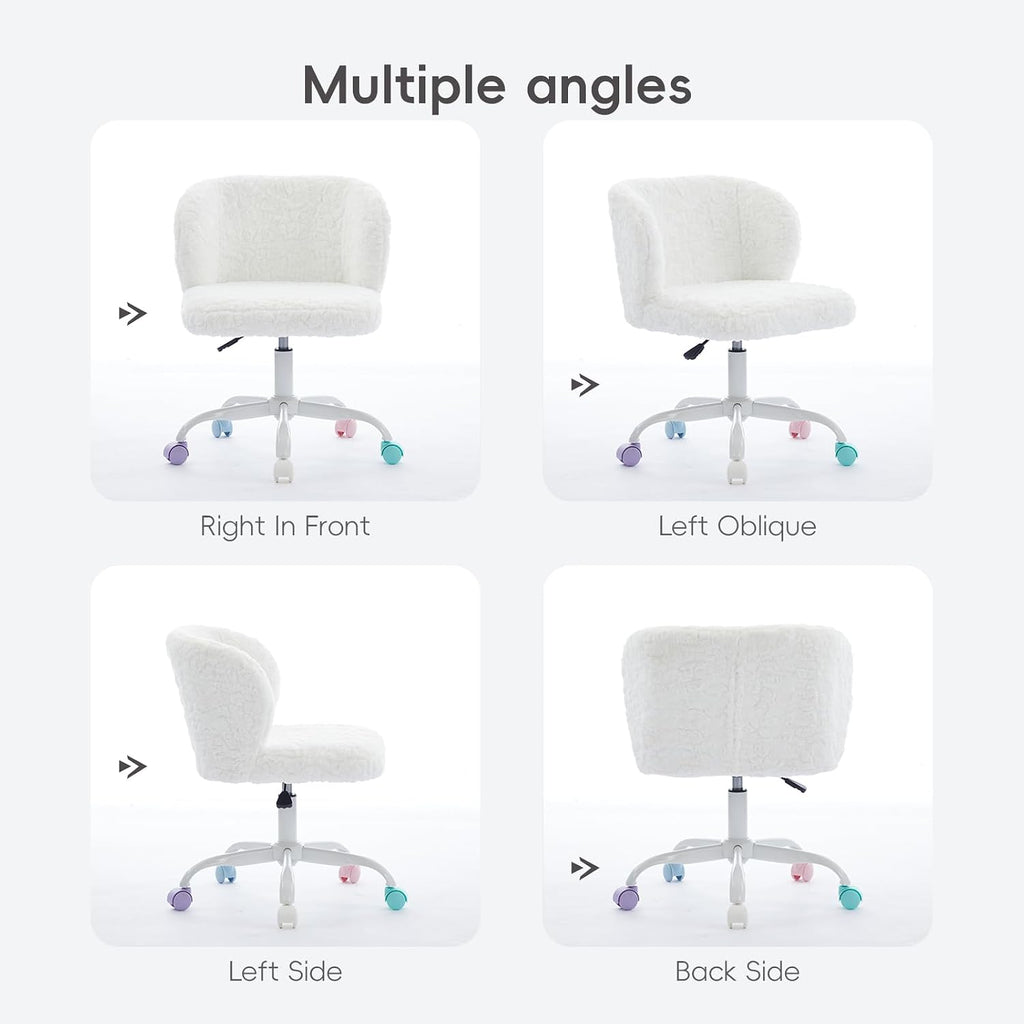 Faux Fur Vanity Desk Chair with White Metal Base – Adjustable Swivel Rolling Office Chair with Wheels, Comfy Makeup Chair for Bedroom, Study, Girls' Room, Home Office & Task Use, Ivory
