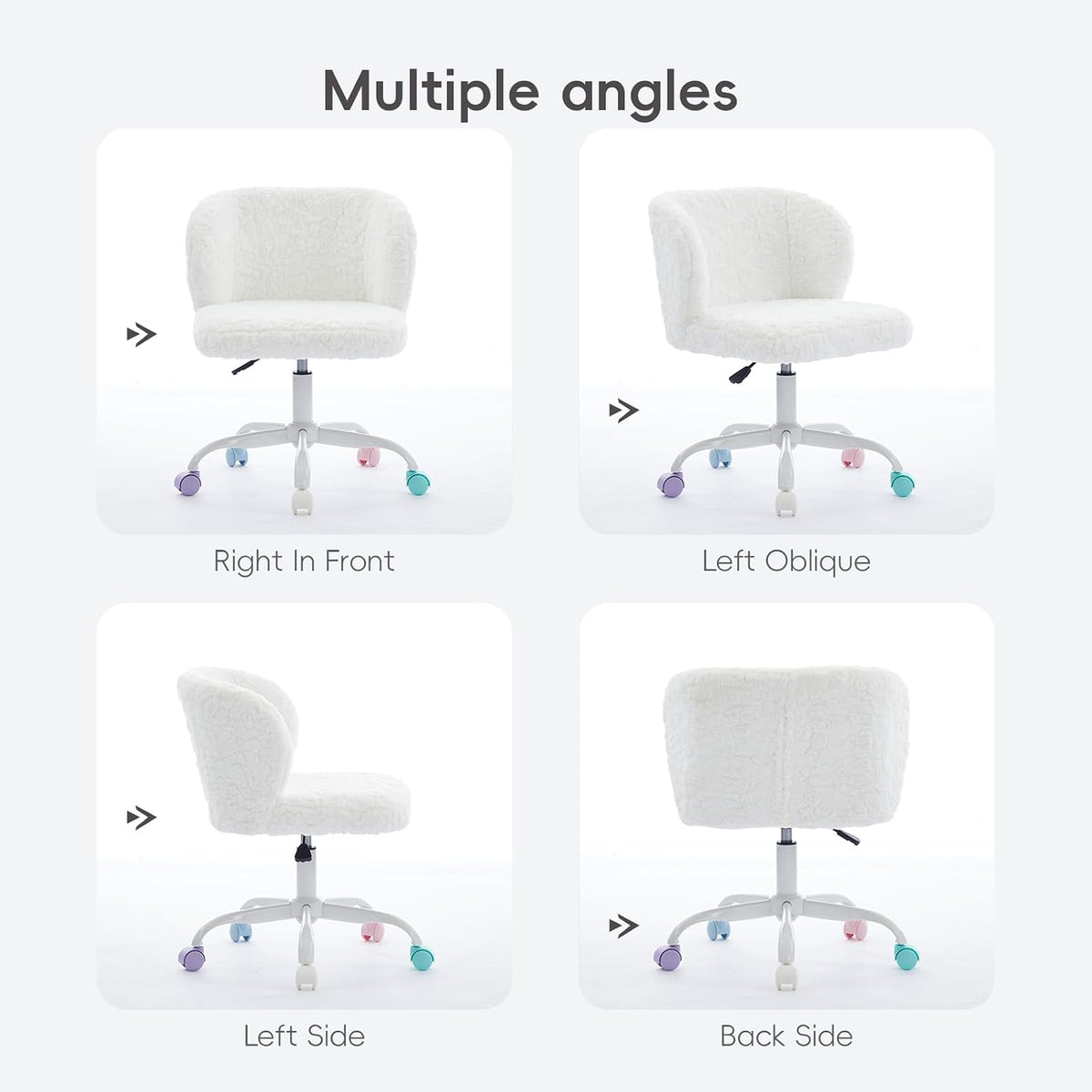 Faux Fur Vanity Desk Chair with White Metal Base – Adjustable Swivel Rolling Office Chair with Wheels, Comfy Makeup Chair for Bedroom, Study, Girls' Room, Home Office & Task Use, Ivory