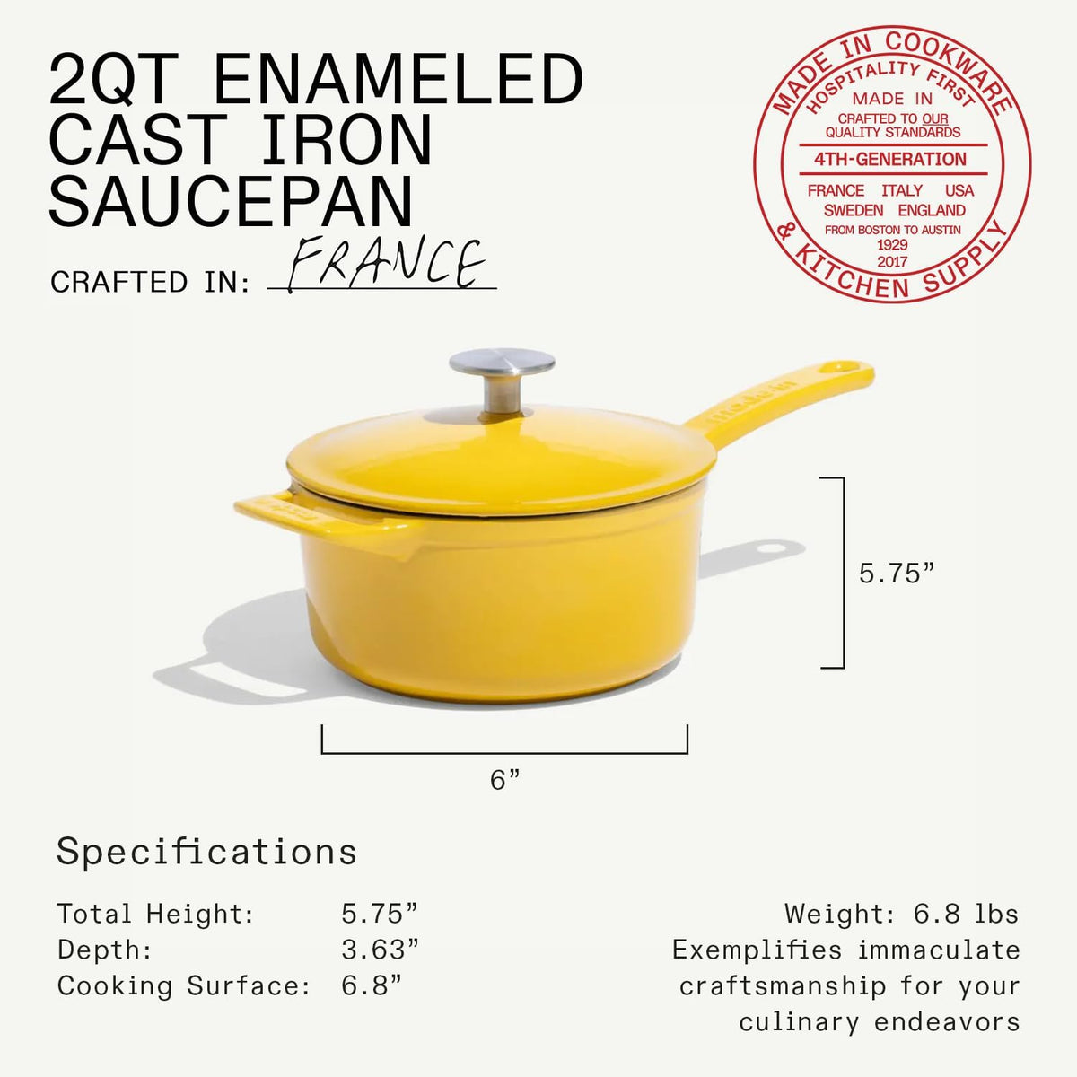 Made In Cookware - 2 Quart Enameled Cast Iron Saucepan with Lid - Marigold Yellow - Hand-Enameled Cast Iron - Professional Cookware - Crafted in France - Induction Compatible