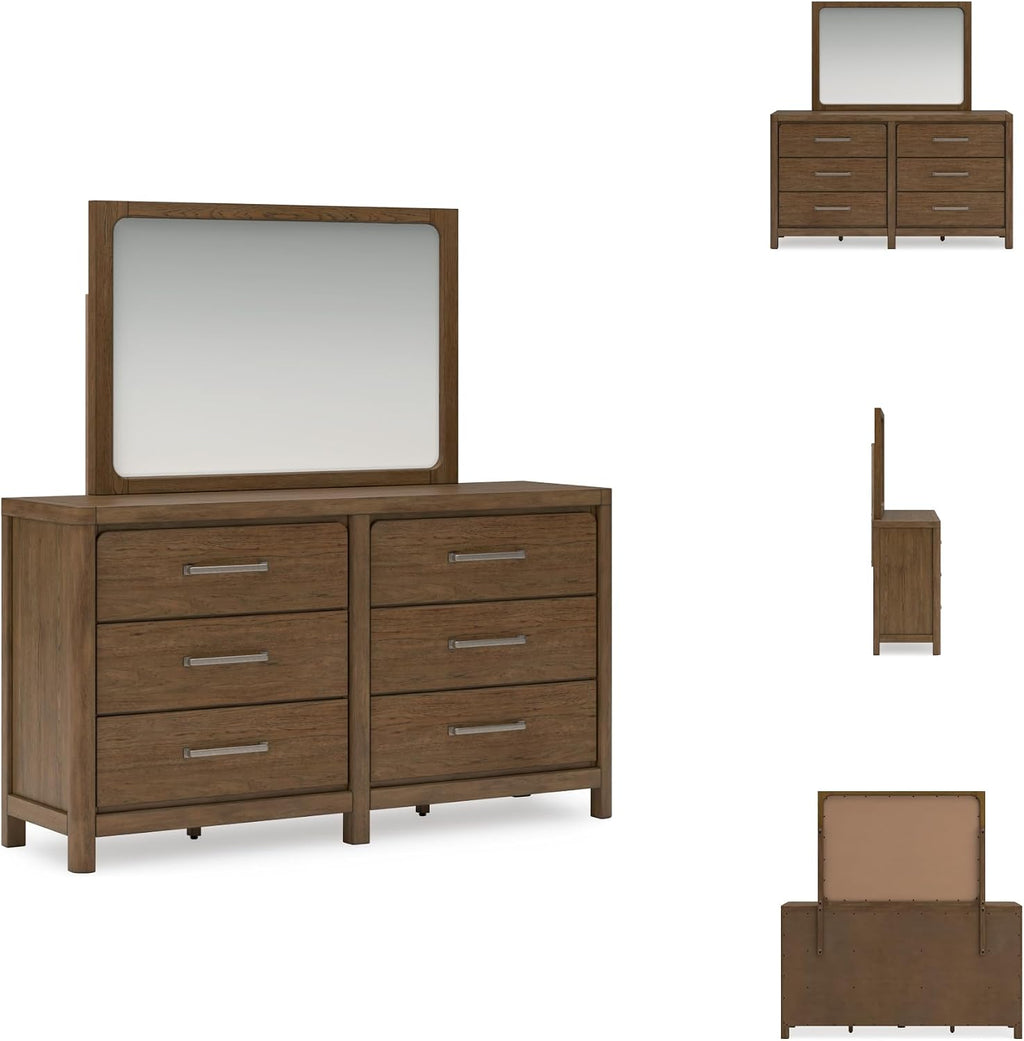 Signature Design by Ashley Cabalynn Modern 6-Drawer Dresser and Mirror with Safety Stop and Felt-Lined Top Drawer, Dark Brown